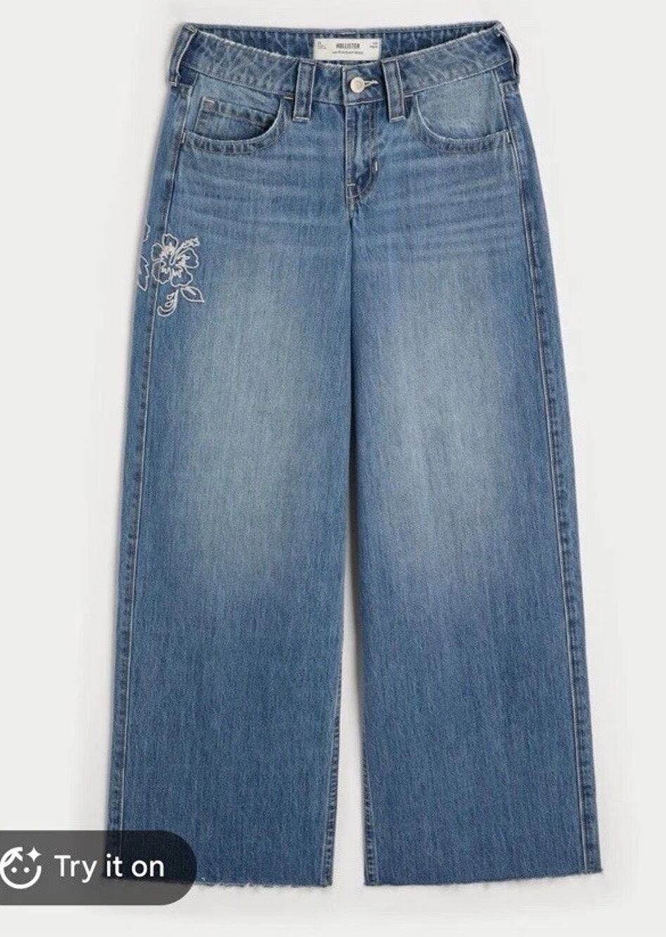 Hollister Low-Rise Super Baggy Jeans Floral Embroidered Medium Wash 28 Regular
